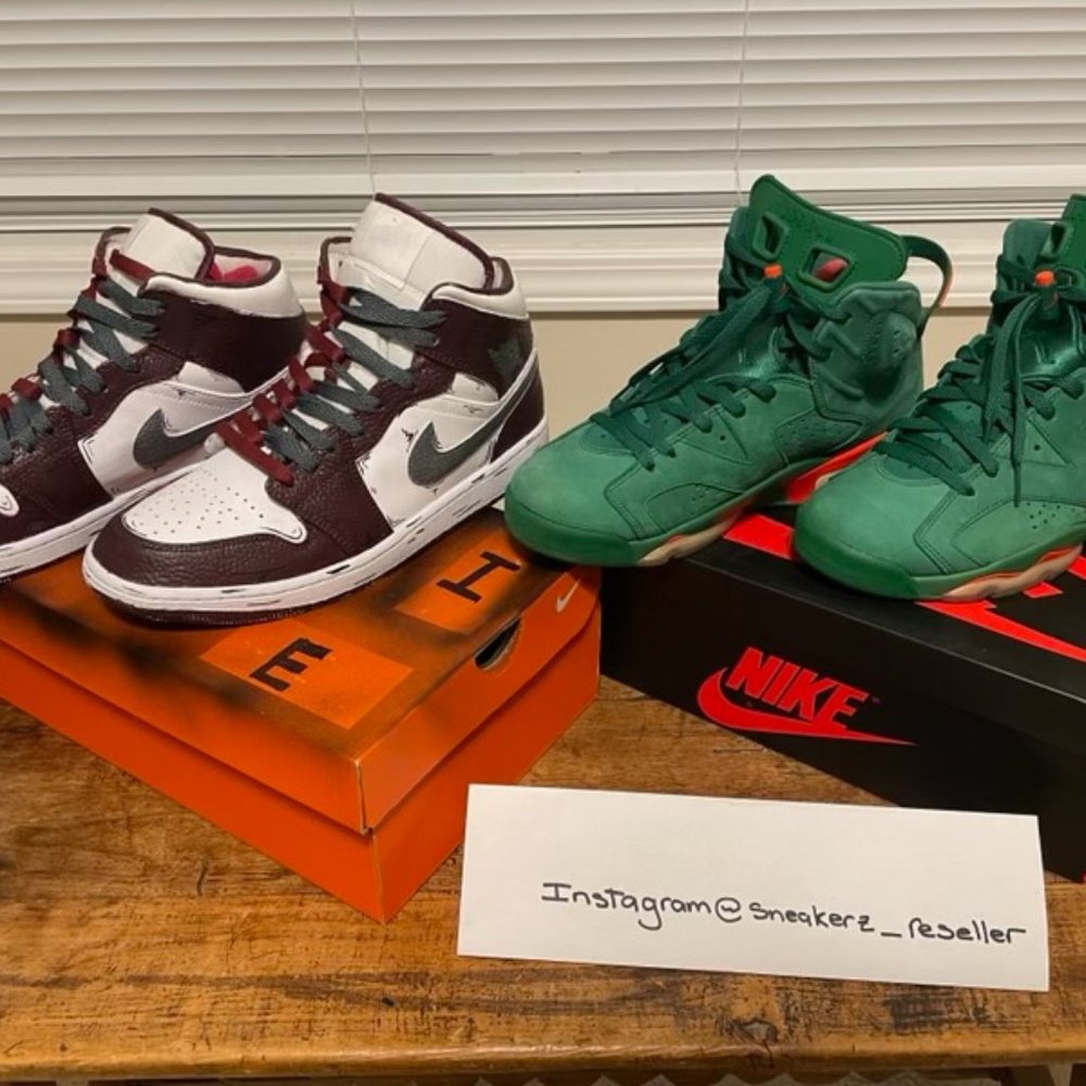 jordan 1 custom mids size 10 and jordan 6 gatorade green size 8.5